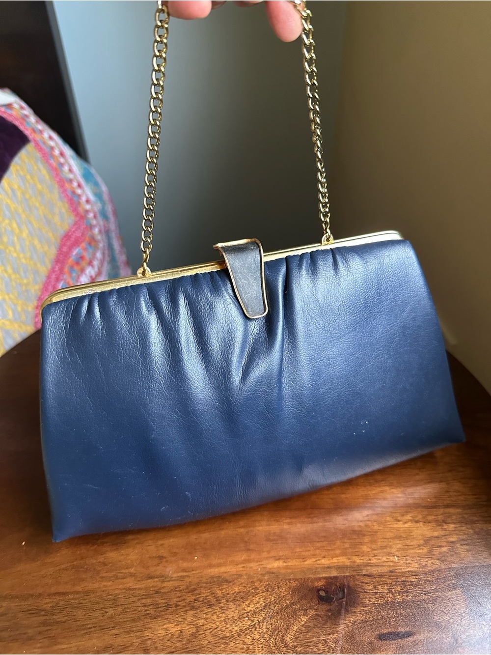 VTG Andi’s Navy Blue Ruched Clutch Purse Gold Frame Chain Link Strap Mid Century